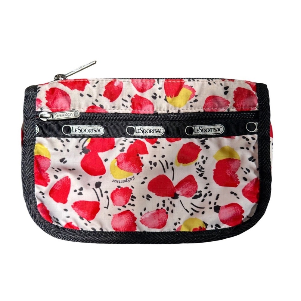 LeSportsac Cosmetic Pouch Red Yellow Floral Nylon Zippered Makeup Bag Small